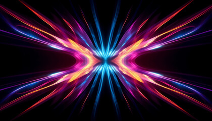 Dynamic neon beams burst with vivid colors on a black canvas. generative ai
