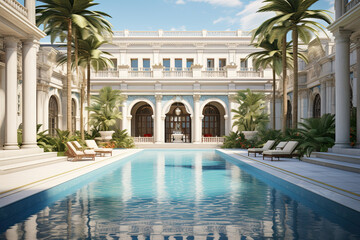 Obraz na płótnie Canvas luxury mansion swimming pool courtyard with palm trees