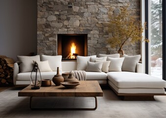 Wooden live edge accent coffee table between white sofas by fireplace in stone cladding wall. Minimalist style home interior design of modern living room in villa,