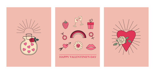 Fototapeta na wymiar Set of Valentine's day greeting cards, flyers, posters. Layout template in retro vintage style. Pink girly colors. Flowers and hearts, glass jar, symbols of love.