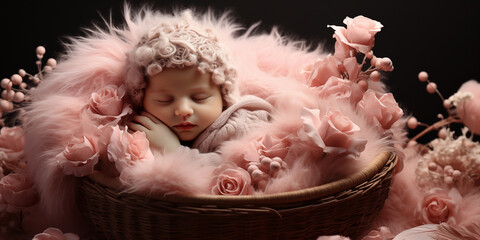 Baby in Pink farbiger Kuschelkleidung in der Baby Korb mit Blumen dekoriert als Poster und Kalender, ai generativ