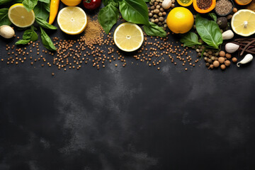 Variety of different types of food arranged on black table. This image can be used to showcase diverse menu or for food-related marketing materials. - obrazy, fototapety, plakaty