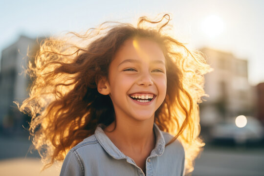 Young girl with long hair smiling directly at camera. This image can be used to depict happiness, joy, and positivity in various contexts.