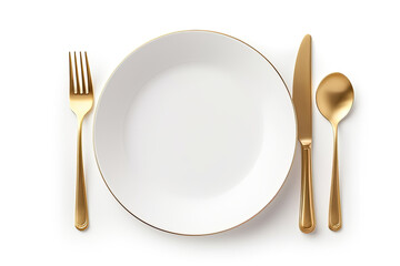 top view an empty plate with gold spoon fork and knife isolated on white background