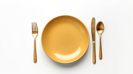 top view an empty plate with gold spoon fork and knife isolated on white background