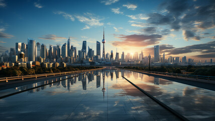 Fototapeta premium Asphalt road with city skyline. generative ai