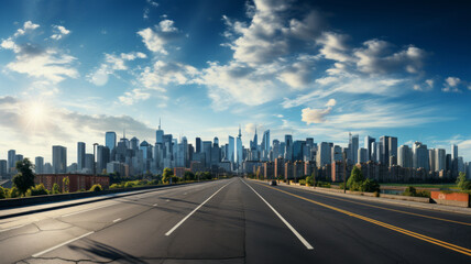 Obraz premium Asphalt road with city skyline. generative ai