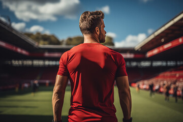 Back of a football player is walking to the football pitch. Sport in challenge moment concept scene.	