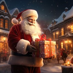 a man in a santa suit holding a box of presents. Ai ilustration. digital painting. Generative AI Artificial Intelligence Artwork