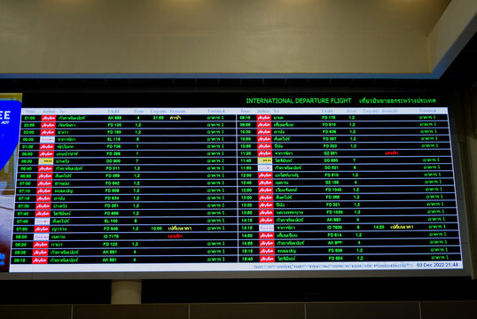Bangkok, Thailand - December 3, 2022 : Flight information display system in Don Mueang International Airport