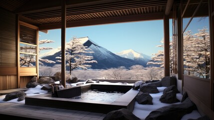 A traditional Japanese onsen in the mountains
