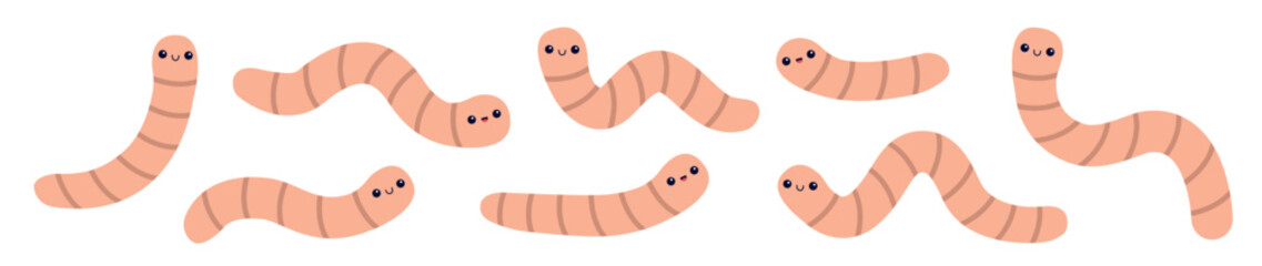 Earthworm set line. Worm insect icon. Cartoon funny kawaii baby animal character. Cute crawling bug collection. Smiling face. Pink color. Flat design. White background. Isolated - obrazy, fototapety, plakaty