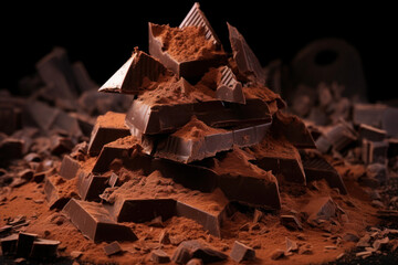 Broken chocolate pieces and cocoa powder on black background. Selective focus. Toned.