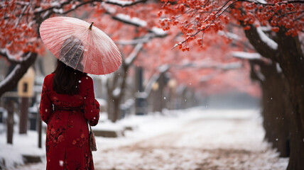 a girl in red Kimono with umbrella with white snow, Hokkaido, Japan.generative ai