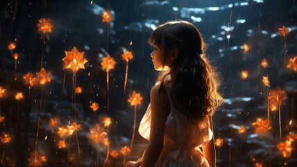 a girl with magic wand, stars shining, hopeful aura.generative ai