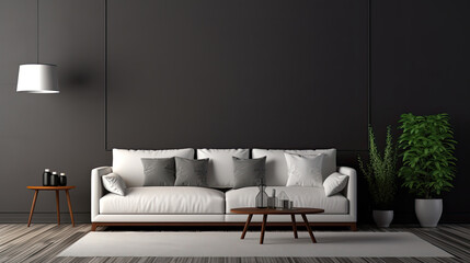modern minimalist interior design of living room with white sofa and black wall.