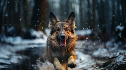 Running German Shepherd in snowy winter