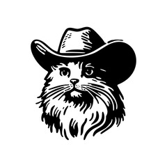 Hand Drawn Monochrome Illustration of a Cat Wearing a Cowboy Hat