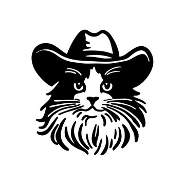 Monochrome Illustration of a Cat Wearing Cowboy Hat