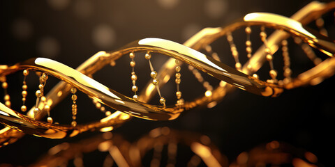Abstract 3d gold metal texture of DNA or RNA chain, closeup of chain connections. Creative background for presentation or banner, science and education, study of structure.