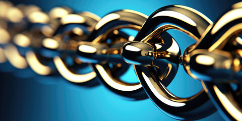 Abstract 3d texture, closeup of iron golden chains with links. Creative background for presentation or banner with chain.