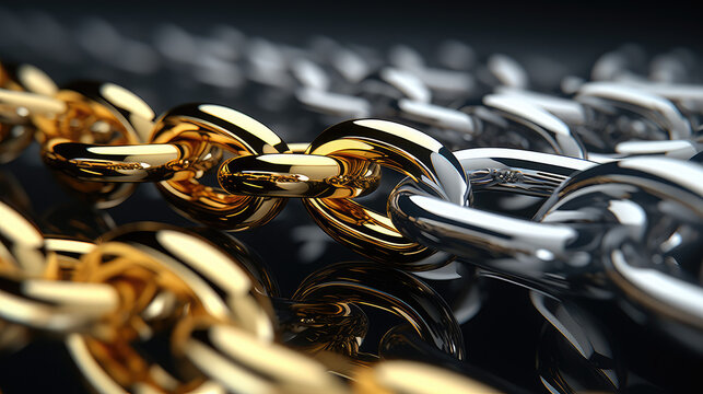 Abstract 3d texture, closeup of iron golden chains with links. Creative background for presentation or banner with chain.