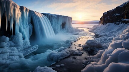 Obraz premium A powerful waterfall framed by melting icicles 