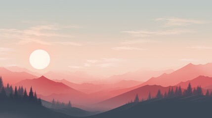 Pink sky with rising sun and mountains with trees. Generative AI