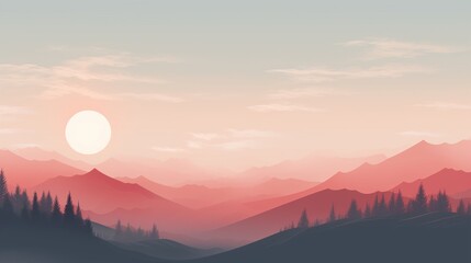 Obraz premium Pink sky with rising sun and mountains with trees. Generative AI
