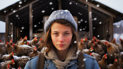 Portrait of a young female farmer face in the countryside surrounded by chickens. Home farming, animal husbandry, production of farm meat and eggs, broiler chicken.