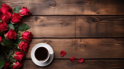 coffee cup and red rose on wooden background romantic view for Christmas  generated by AI tool
