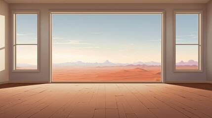 Empty interior room with a desert landscape view - idyllic far away freedom and empty open space - summer solitude scene - minimalist Architecture design.
