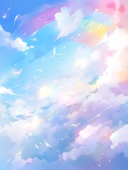 A clear watercolor sky backdrop with rainbows. Generative AI
