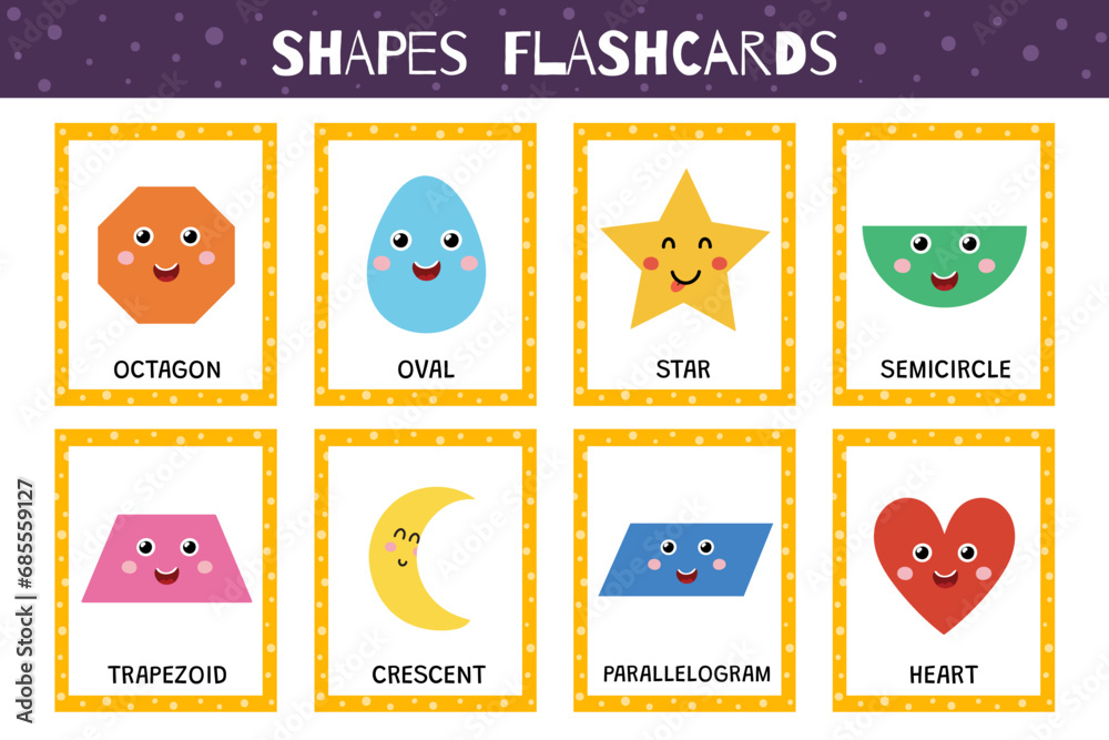 Wall mural shapes flashcards collection for kids. flash cards set with cute geometric characters for school and