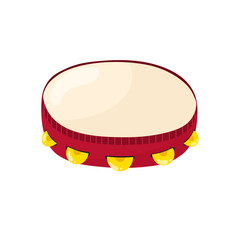 Tambourine in cartoon style isolated on white background. Musical instrument clipart. Vector illustration