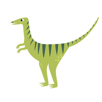 Cute compsognathus in cartoon style isolated element. Funny dinosaur of jurassic period for kids design. Prehistorical green dino clipart. Vector illustration 