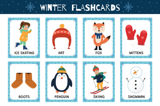Winter flashcards collection for kids. Flash cards set with cute characters for school and preschool. Learning to read activity for children. Vector illustration