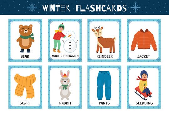 Winter flashcards collection for kids. Flash cards set with cute characters for school and preschool. Learning to read activity for children. Vector illustration