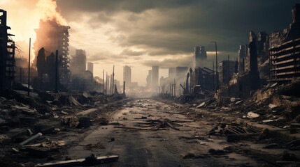 Empty street of burnt up city. Apocalyptic view