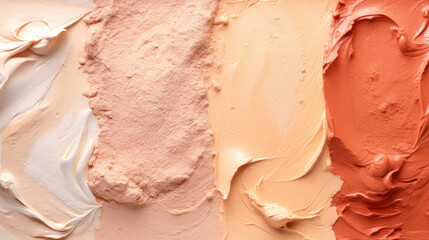 Top view of different textures and colors of cosmetic creams or face foundation on a flat surface. Smears of cosmetic products. 