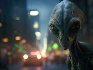 A close up of an alien face on a city street. Generative AI.