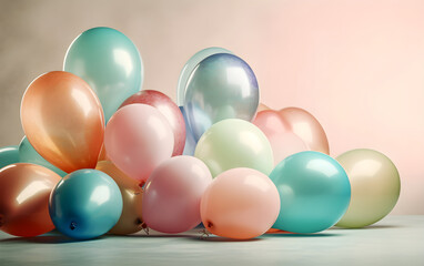 Colorful helium balloons on a light pastel background, Generative AI