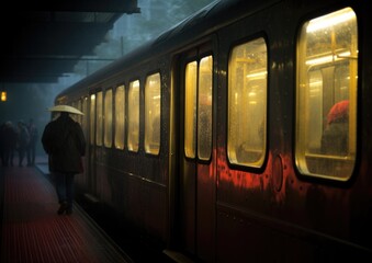 A person with an umbrella walks by a train. Generative AI.