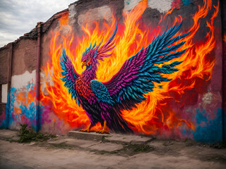 A mythical phoenix graffiti, with flames and ashes in a spectrum of bright colors, symbolizing rebirth and transformation on an old building's wall