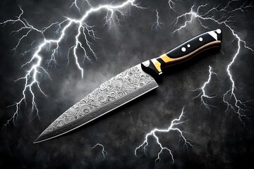 A generic sharp chef's knife with a silver blade set against a lightning storm at night with lightning bolts  background - obrazy, fototapety, plakaty