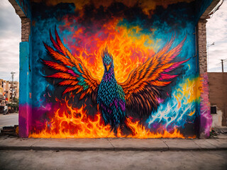 A mythical phoenix graffiti, with flames and ashes in a spectrum of bright colors, symbolizing rebirth and transformation on an old building's wall - obrazy, fototapety, plakaty