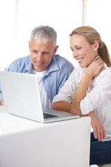 Mature couple, laptop and video call with smile, conversation and living room couch. Social media, technology and communication with family, man and woman with connection, streaming and happy