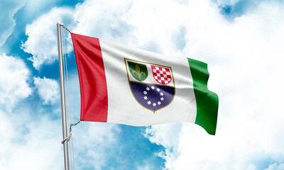 Bosnia and Herzegovina Federation flag waving on sky background. 3D Rendering
