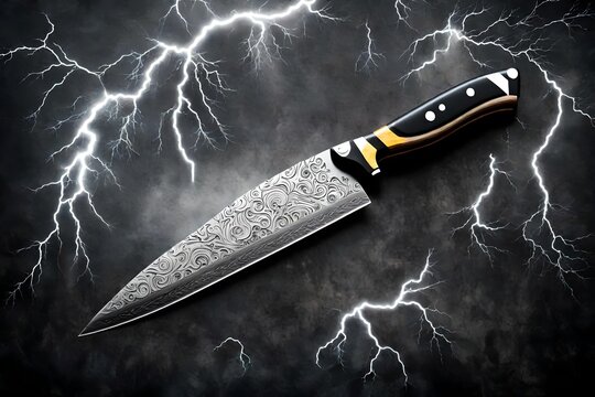 A generic sharp chef's knife with a silver blade set against a lightning storm at night with lightning bolts  background