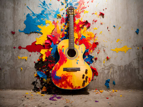 Graffiti of a classical guitar with vibrant paint splashes, symbolizing the powerful impact of music on a concrete wall background